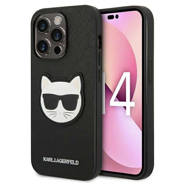 Karl Lagerfeld iPhone 14 Pro Max - Saffiano Choupette Head Patch Σκληρή Θήκη με Επένδυση Συνθετικού Δέρματος και Πλαίσιο Σιλικόνης - Black - KLHCP14XSAPCHK