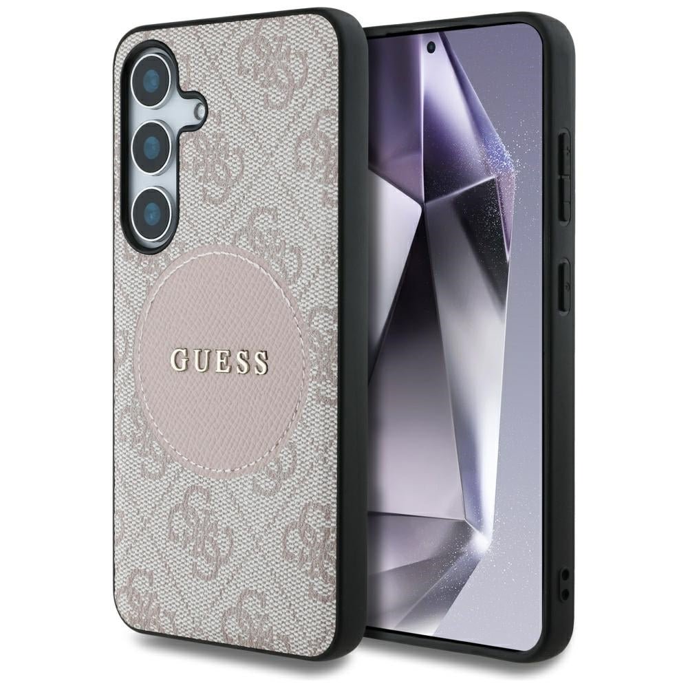 Guess Samsung Galaxy S25 Plus - 4G Round Patch Classic Logo - Θήκη με Επένδυση Συνθετικού Δέρματος και MagSafe - Pink - GUHMS25MP4PGRSGP