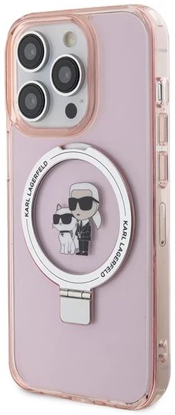 Karl Lagerfeld iPhone 15 Pro Max Ring Stand Karl and Choupette MagSafe Σκληρή Θήκη με Πλαίσιο Σιλικόνης και MagSafe - Διάφανη / Pink - KLHMP15XHMRSKCP