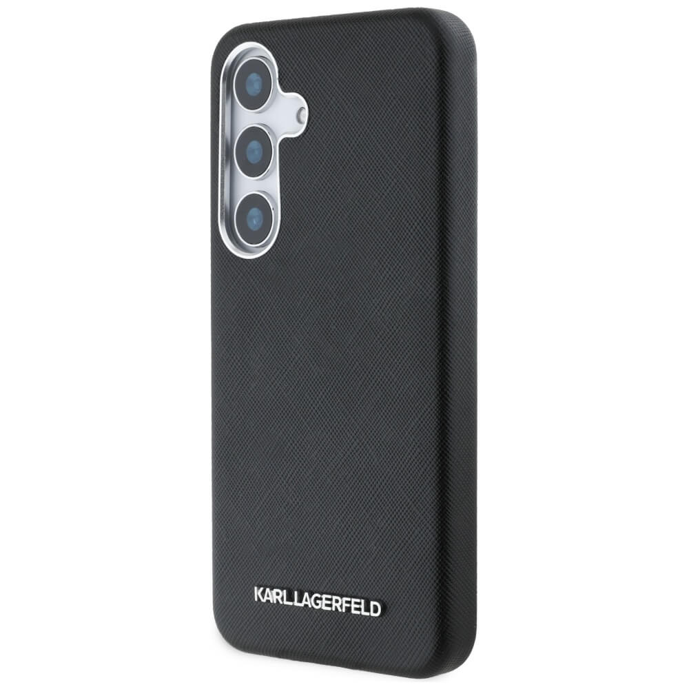 Karl Lagerfeld Samsung Galaxy S25 - Saffiano Full Wrapped Elongated Metal Logo - MagSafe Σκληρή Θήκη με Επένδυση Συνθετικού Δέρματος και Πλαίσιο Σιλικόνης - Black - KLHMS25SPSAFWMCK