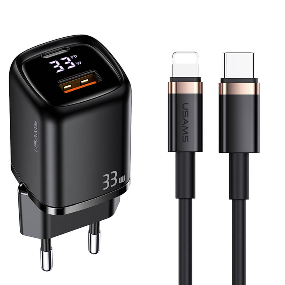 Usams Travel Charger Kit 33W Οικιακός Φορτιστής με 1 Θύρα Type - C και 1 Θύρα USB και καλώδιο Type - C to Lightning 20W - Black - UDTZ01