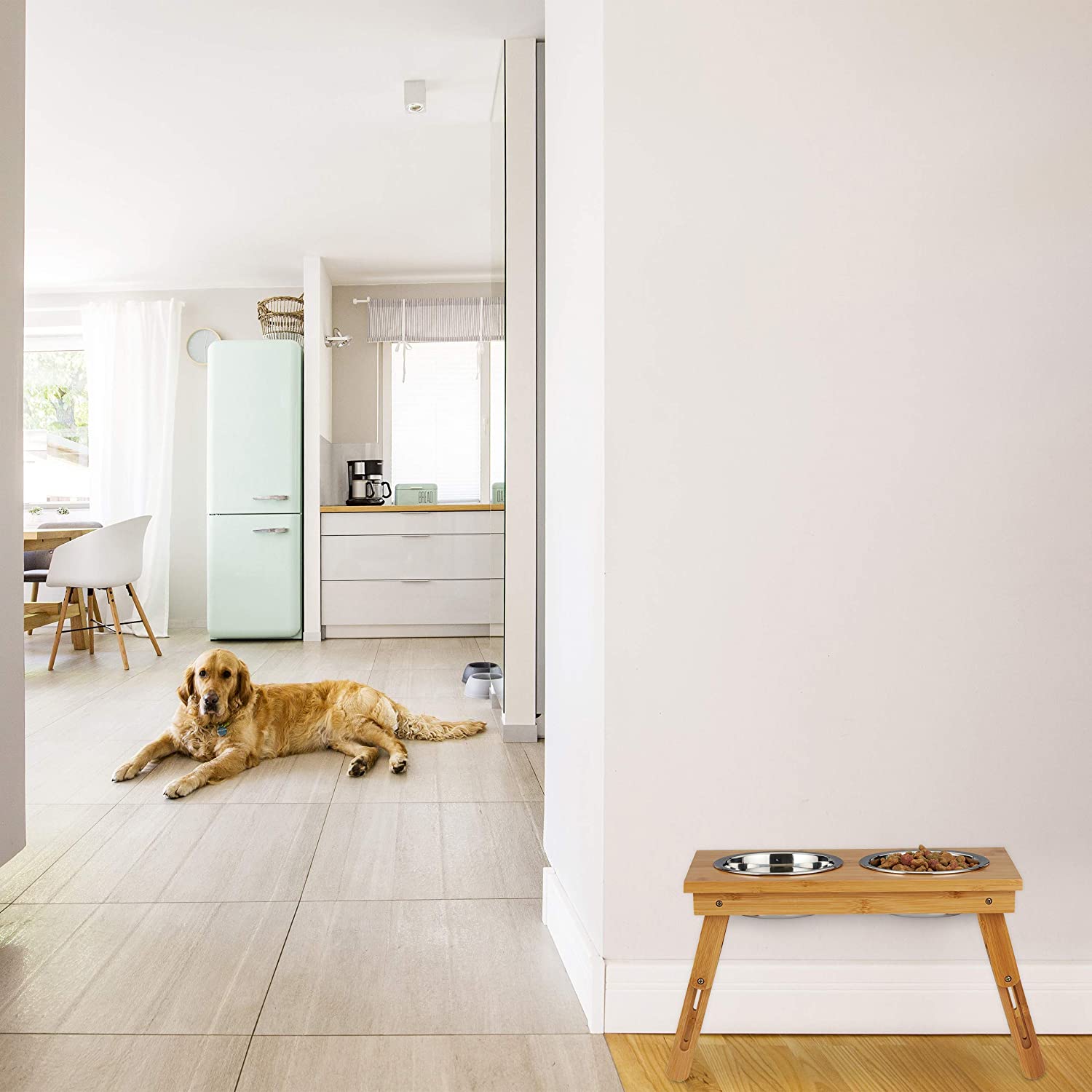 Relaxdays Foldable Bowl Stand - Αναδιπλούμενο Σταντ με 2 Μπολ για Νερό και Τροφή - 700 ml - Natural - 4052025916091