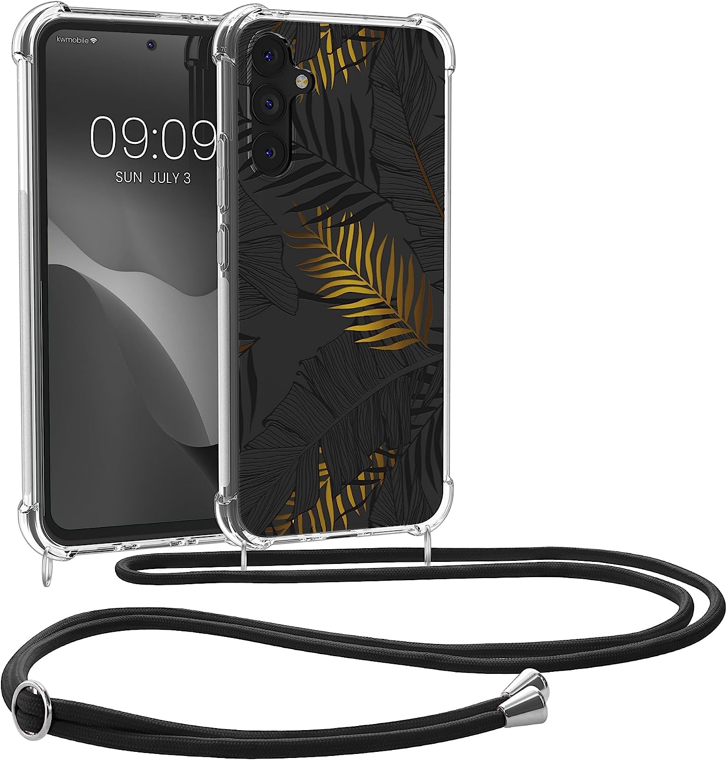 KW Samsung Galaxy A34 5G Θήκη Σιλικόνης TPU με Λουράκι - Design Palm Leaves - Yellow / Grey / Διάφανη - 61333.03