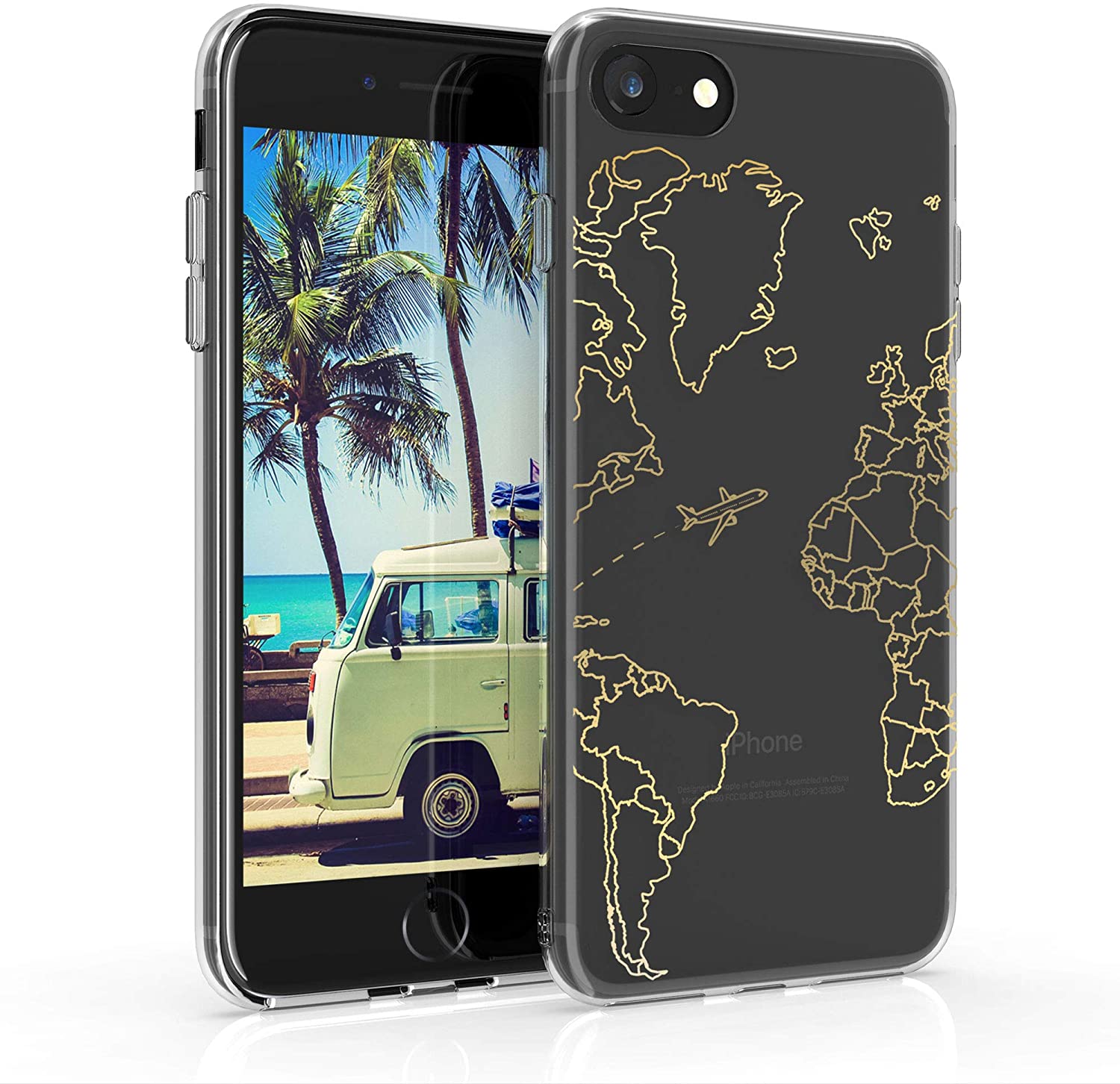 KW iPhone SE 2022 / SE 2020 / 7 / 8 Θήκη Σιλικόνης TPU Design Travel and Explore - Gold - Διάφανη - 51618.10