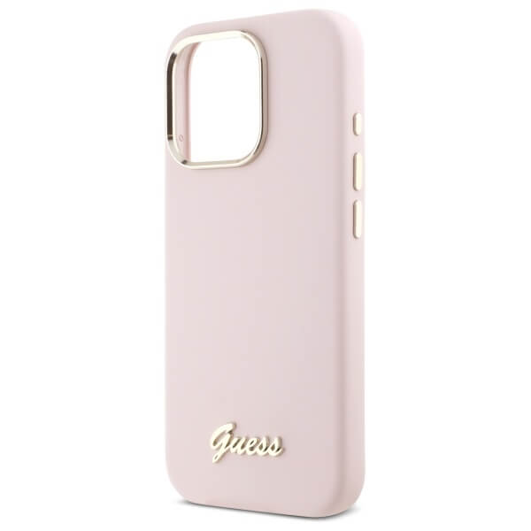 Guess iPhone 16 Pro - Silicone Script Metal Logo and Frame - Σκληρή Θήκη με Πλαίσιο Σιλικόνης - Pink - GUHCP16LSMBSLP