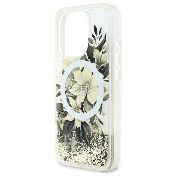Guess iPhone 16 Pro - Liquid Glitter Flower MagSafe - Σκληρή Θήκη με Πλαίσιο Σιλικόνης - Beige - GUHMP16LLFMWTE
