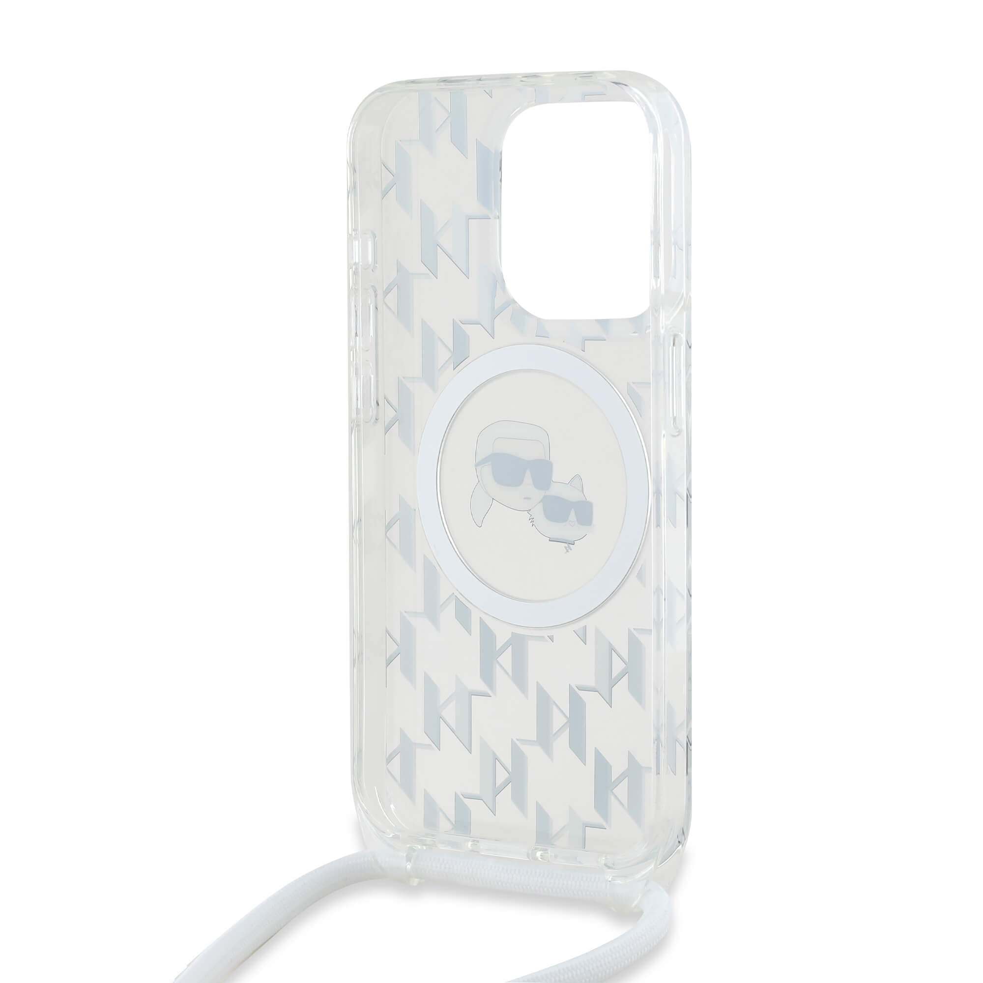 Karl Lagerfeld iPhone 15 Pro Max - IML Crossbody Monogram Karl and Choupette Head - MagSafe Σκληρή Θήκη με Πλαίσιο Σιλικόνης και Λουράκι - Διάφανη - KLHMP15XHCKCKLCT