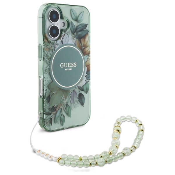 Guess iPhone 16 Plus - IML Flowers With Pearl Strap MagSafe - Σκληρή Θήκη με Πλαίσιο Σιλικόνης και Λουράκι - Green - GUHMP16MHFWBRCESN