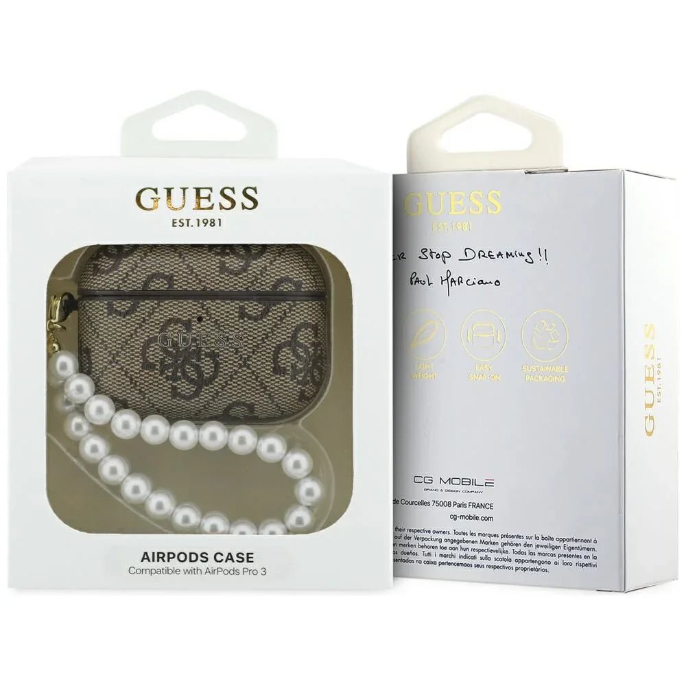 Guess AirPods Pro 3 - Θήκη με Επένδυση Συνθετικού Δέρματος - 4G Pearl Strap - Brown