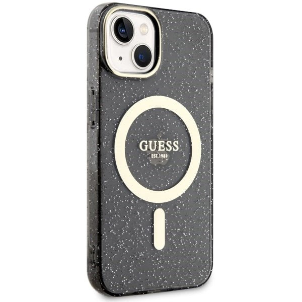 Guess iPhone 13 / 14 / 15 - Σκληρή Θήκη με Πλαίσιο Σιλικόνης - Glitter Gold MagSafe - Black