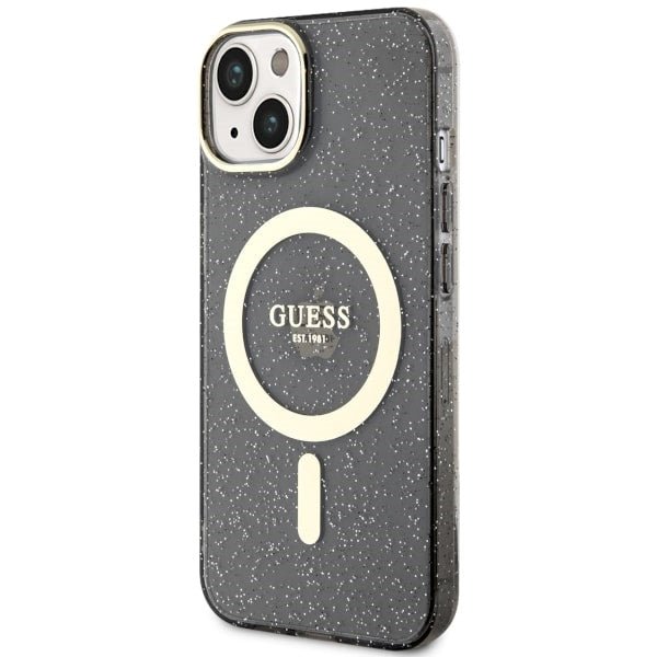 Guess iPhone 13 / 14 / 15 - Σκληρή Θήκη με Πλαίσιο Σιλικόνης - Glitter Gold MagSafe - Black