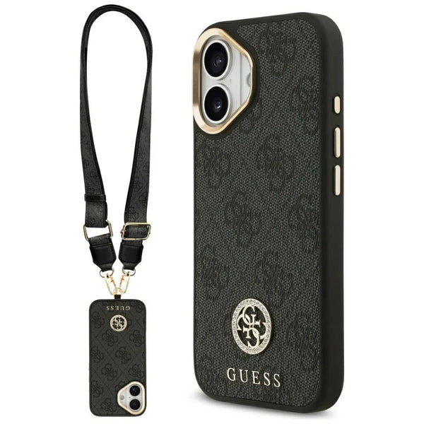 Guess iPhone 17 - 4G Strass Logo and Big Strap Metal Buttons MagSafe - Θήκη με Επένδυση Συνθετικού Δέρματος και Λουράκι - Black