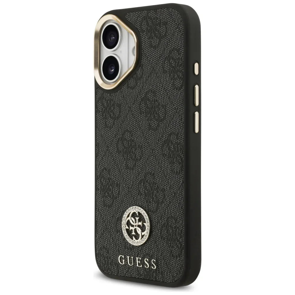 Guess iPhone 17 - 4G Strass Logo and Big Strap Metal Buttons MagSafe - Θήκη με Επένδυση Συνθετικού Δέρματος και Λουράκι - Black