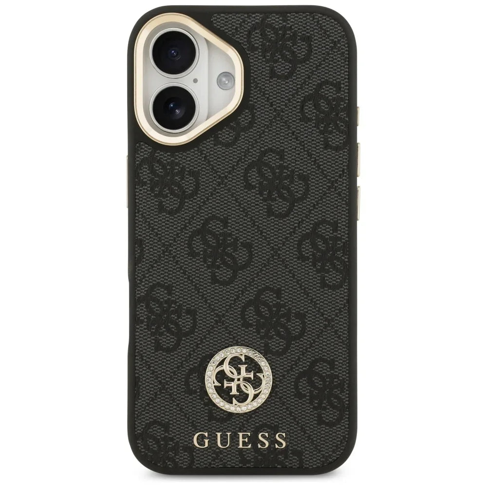 Guess iPhone 17 - 4G Strass Logo and Big Strap Metal Buttons MagSafe - Θήκη με Επένδυση Συνθετικού Δέρματος και Λουράκι - Black