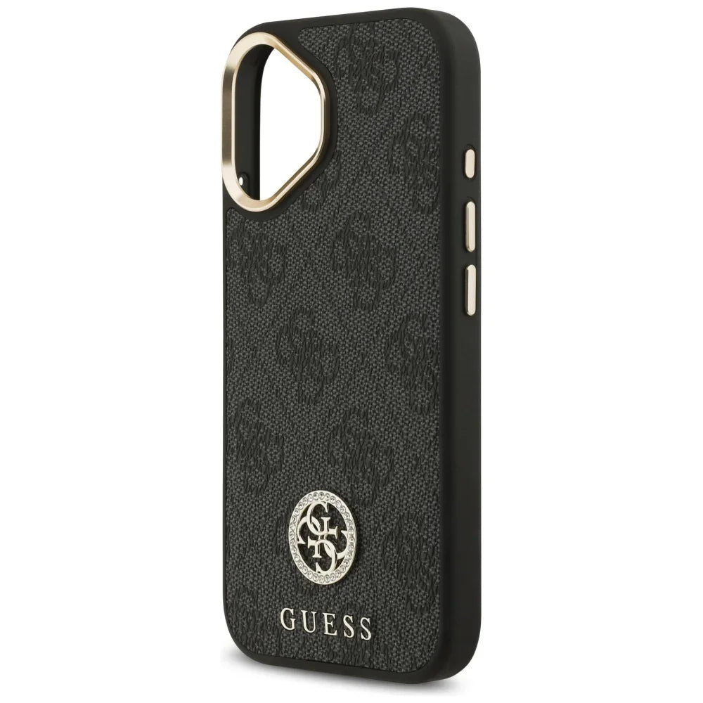 Guess iPhone 17 - 4G Strass Logo and Big Strap Metal Buttons MagSafe - Θήκη με Επένδυση Συνθετικού Δέρματος και Λουράκι - Black