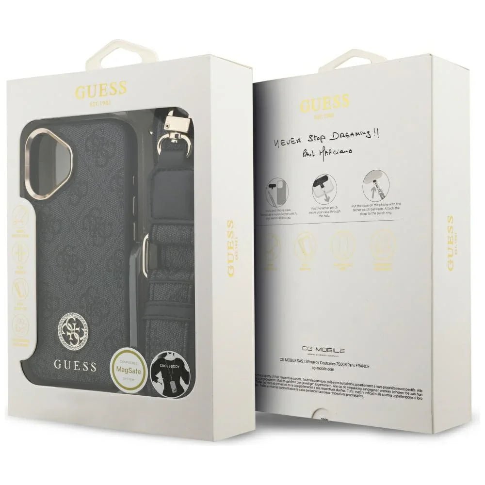 Guess iPhone 17 - 4G Strass Logo and Big Strap Metal Buttons MagSafe - Θήκη με Επένδυση Συνθετικού Δέρματος και Λουράκι - Black