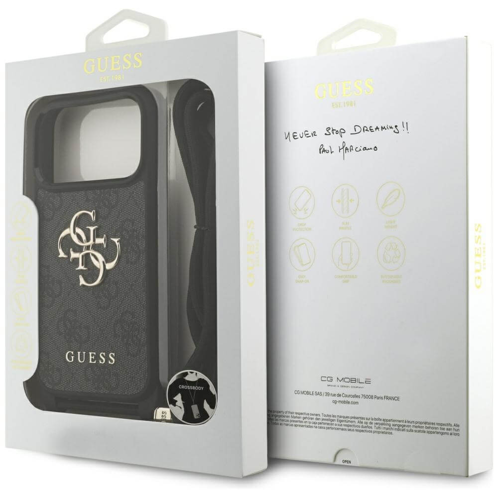 Guess iPhone 17 Pro - 4G Big Logo Cord Stap Crossbody - Θήκη με Επένδυση Συνθετικού Δέρματος και Λουράκι - Black