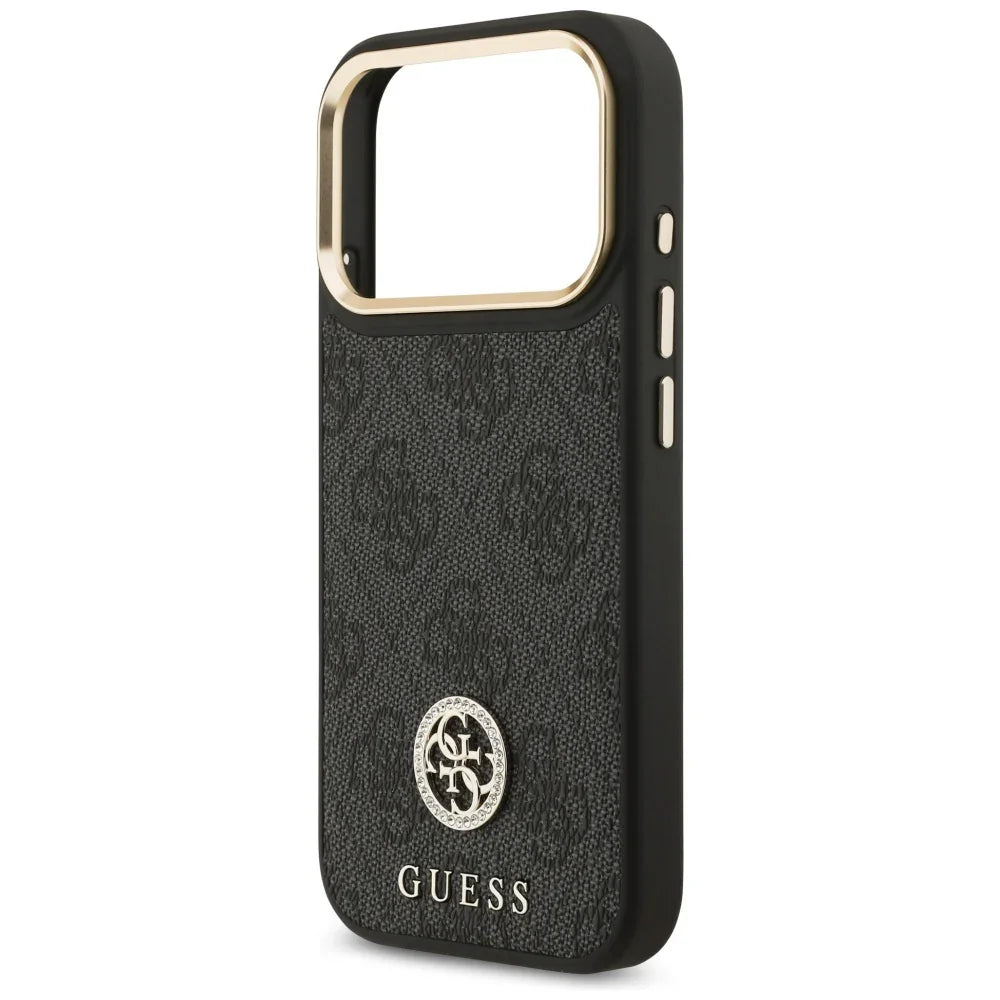 Guess iPhone 17 Pro - 4G Strass Logo and Big Strap Metal Buttons MagSafe - Θήκη με Επένδυση Συνθετικού Δέρματος και Λουράκι - Black