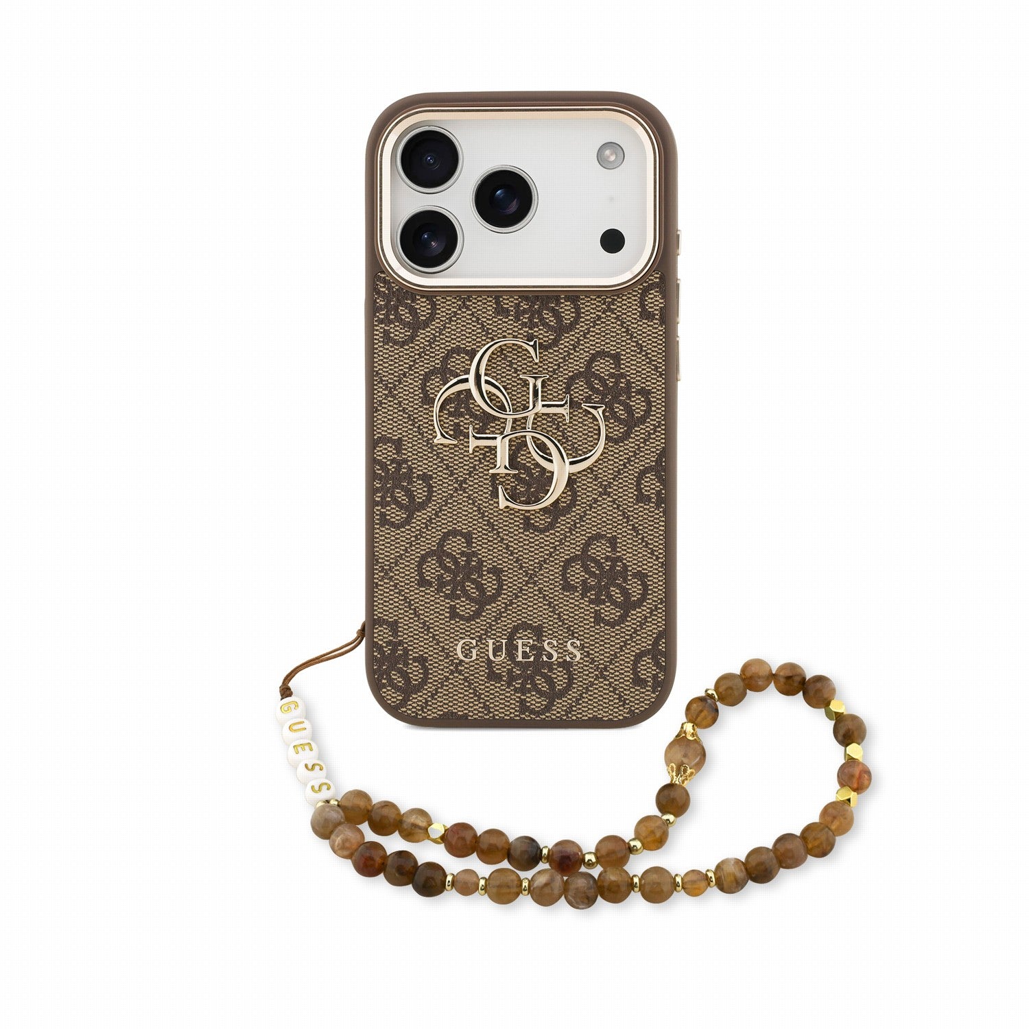 Guess iPhone 17 Pro / iPhone 18 Pro - Σκληρή Θήκη με Επένδυση Συνθετικού Δέρματος και Λουράκι - PU 4G Metal Logo Strap - Brown