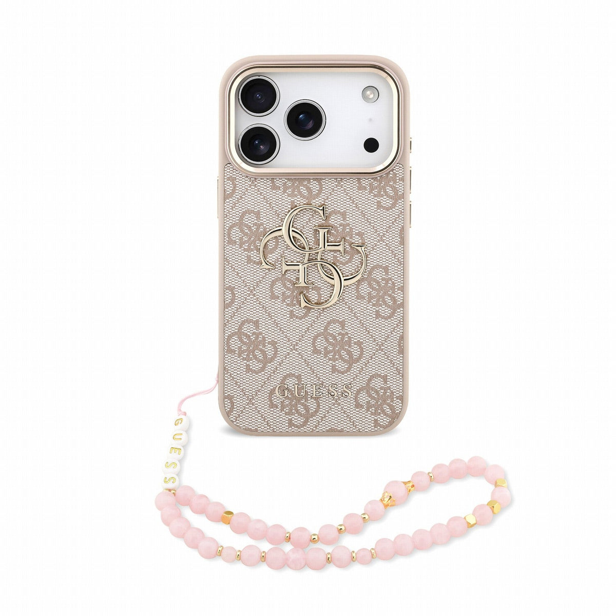 Guess iPhone 17 Pro / iPhone 18 Pro - Σκληρή Θήκη με Επένδυση Συνθετικού Δέρματος και Λουράκι - PU 4G Metal Logo Strap - Pink