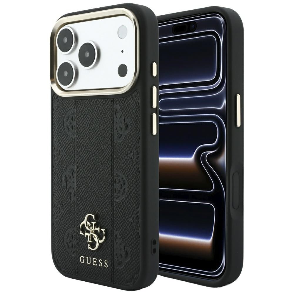Guess iPhone 17 Pro / iPhone 18 Pro - Σκληρή Θήκη με Επένδυση Συνθετικού Δέρματος - Stripe Peony 4G Logo MagSafe - Black