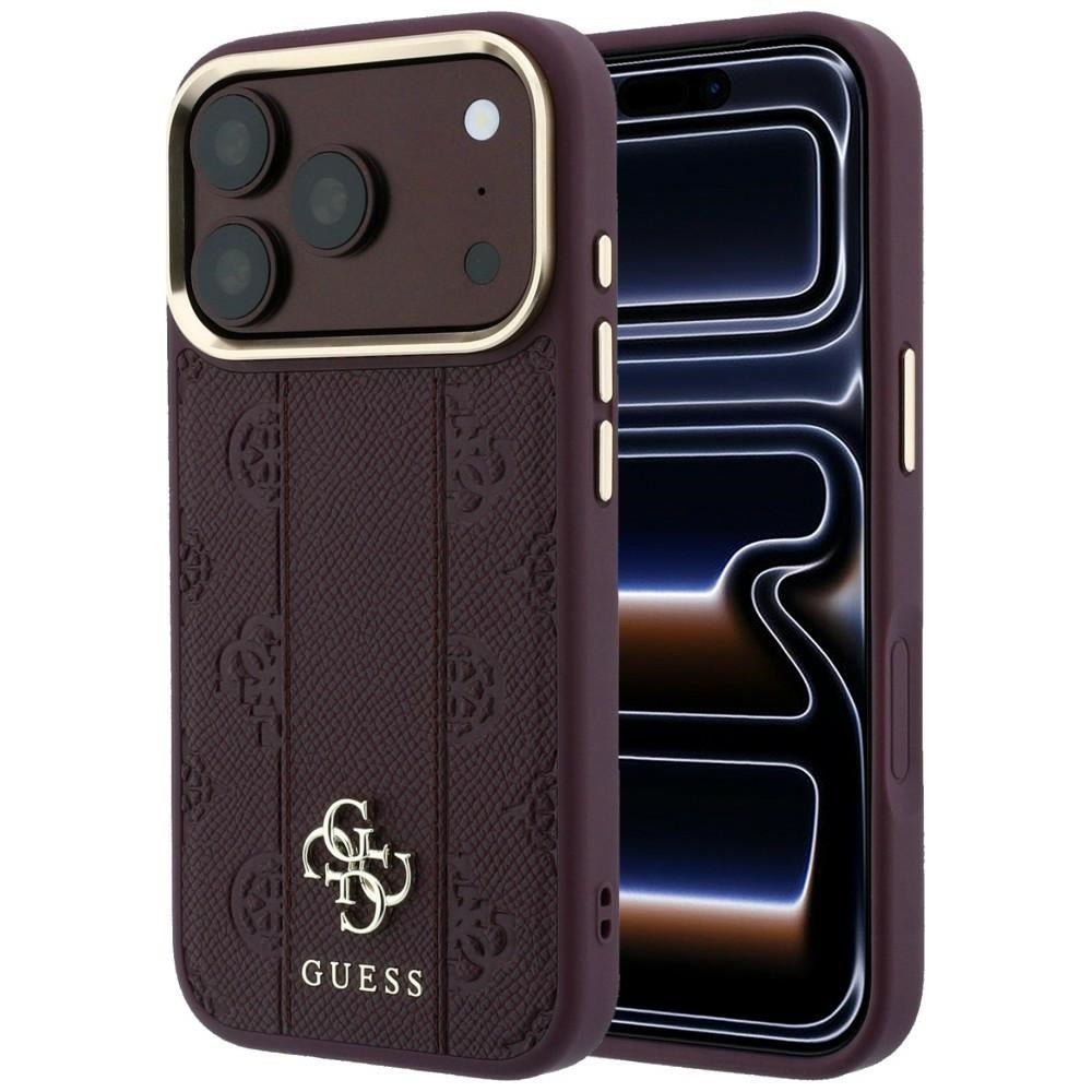 Guess iPhone 17 Pro / iPhone 18 Pro - Σκληρή Θήκη με Επένδυση Συνθετικού Δέρματος - Stripe Peony 4G Logo MagSafe - Burgundy