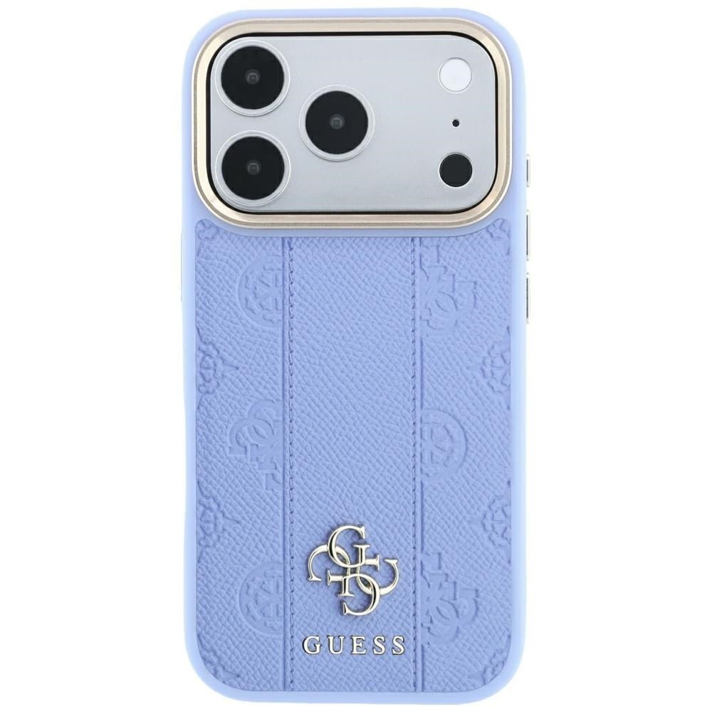 Guess iPhone 17 Pro / iPhone 18 Pro - Σκληρή Θήκη με Επένδυση Συνθετικού Δέρματος - Stripe Peony 4G Logo MagSafe - Light Blue