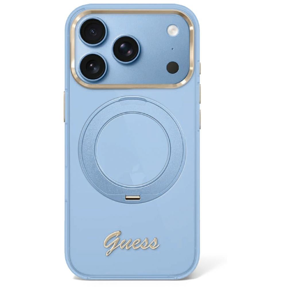 Guess iPhone 17 Pro / iPhone 18 Pro - Σκληρή Θήκη με Πλαίσιο Σιλικόνης - IML Ring Stand 360 Script Metal Logo MagSafe - Light Blue - GUHMP18L6HCCMSB