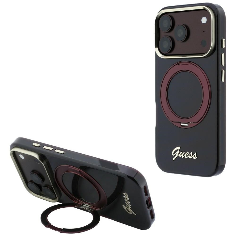 Guess iPhone 17 Pro / iPhone 18 Pro - Σκληρή Θήκη με Πλαίσιο Σιλικόνης και Δαχτυλίδι Συγκράτησης - IML Ring Stand 360 Script Metal Logo MagSafe - Burgundy