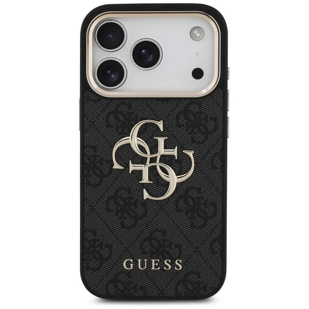 Guess iPhone 17 Pro / iPhone 18 Pro - Σκληρή Θήκη με Πλαίσιο Σιλικόνης και Επένδυση από Οικολογικό Δέρμα - 4G Big 4G Classic Logo - Black / Gold - GUHCP18L4GMGCGR