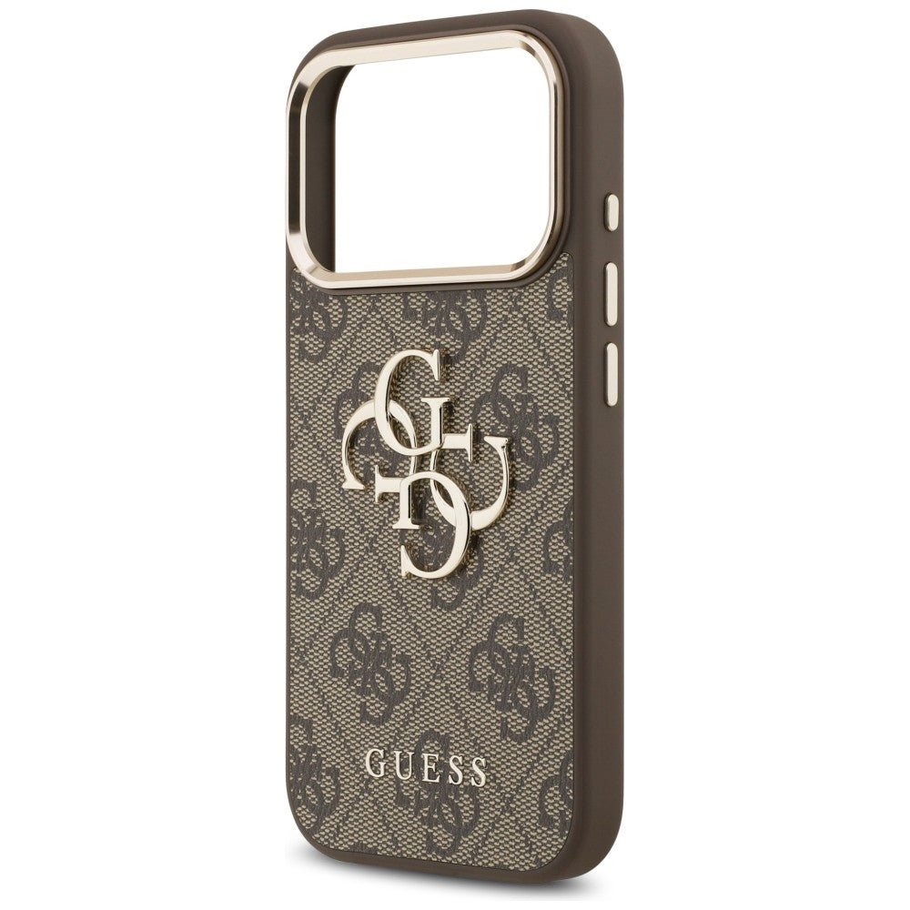 Guess iPhone 17 Pro / iPhone 18 Pro - Σκληρή Θήκη με Πλαίσιο Σιλικόνης και Επένδυση από Οικολογικό Δέρμα - 4G Big 4G Classic Logo - Brown / Gold - GUHCP18L4GMGCBR