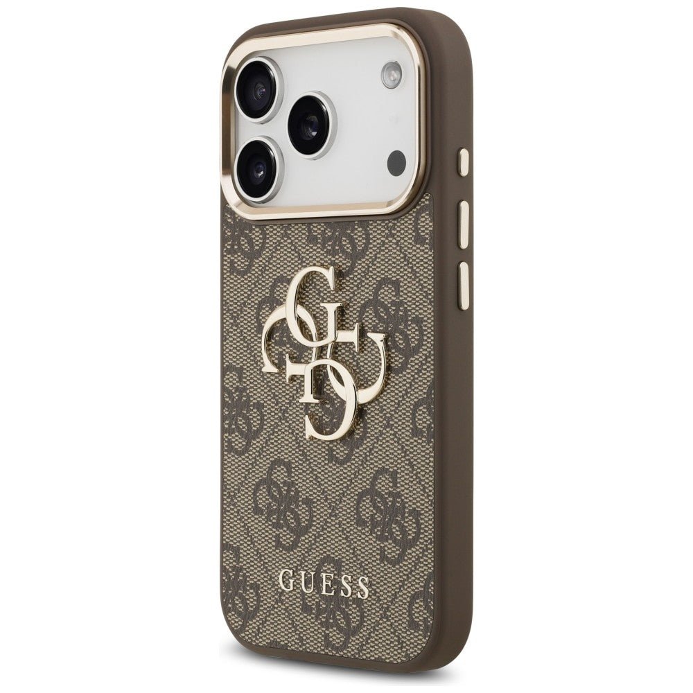 Guess iPhone 17 Pro / iPhone 18 Pro - Σκληρή Θήκη με Πλαίσιο Σιλικόνης και Επένδυση από Οικολογικό Δέρμα - 4G Big 4G Classic Logo - Brown / Gold - GUHCP18L4GMGCBR