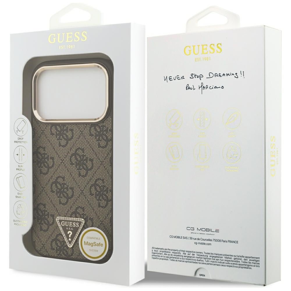 Guess iPhone 17 Pro / iPhone 18 Pro - Σκληρή Θήκη με Πλαίσιο Σιλικόνης και Επένδυση Συνθετικού Δέρματος - 4G Triangle Logo MagSafe - Brown