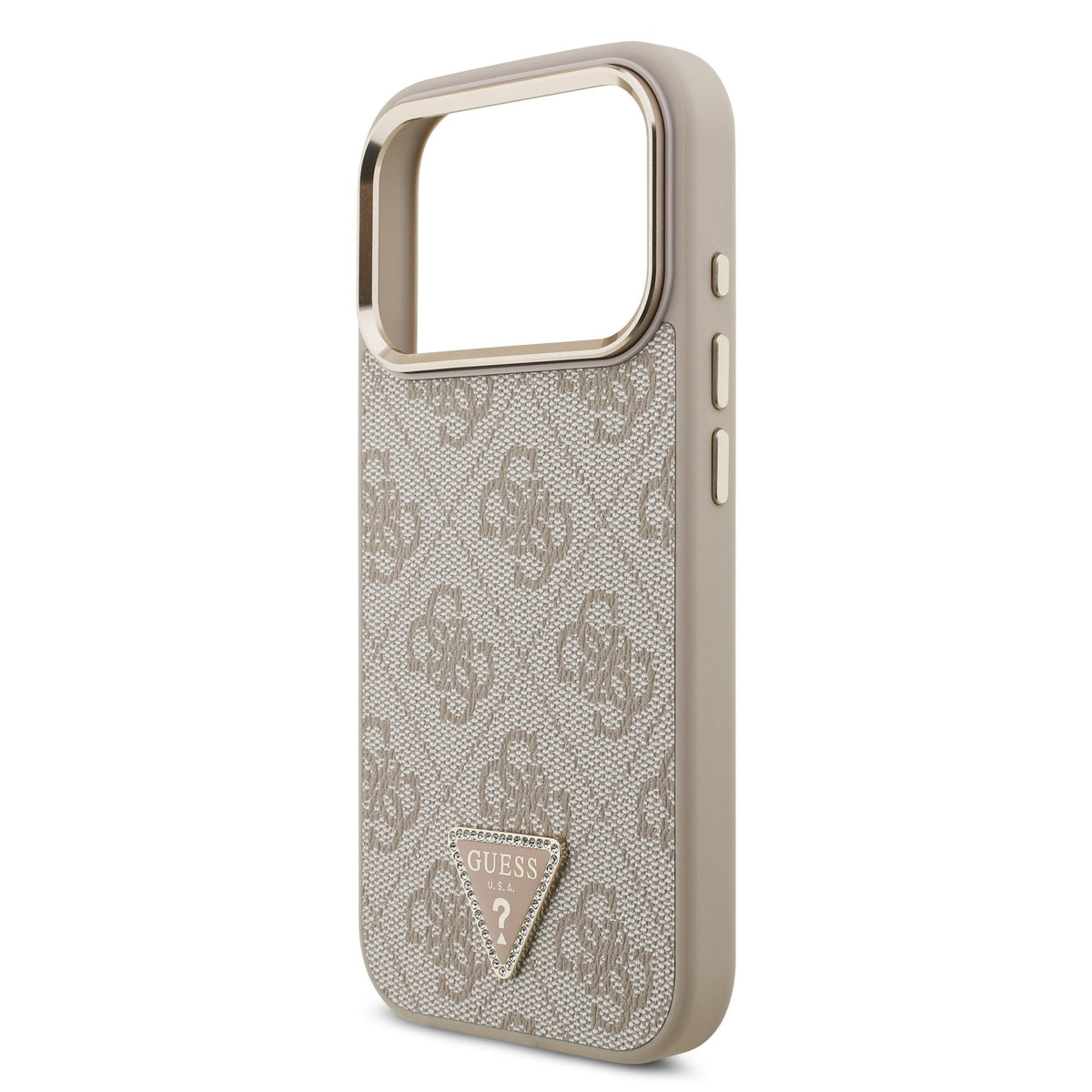 Guess iPhone 17 Pro / iPhone 18 Pro - Σκληρή Θήκη με Πλαίσιο Σιλικόνης και Επένδυση Συνθετικού Δέρματος - PU Leather 4G Strass Triangle Logo Gold Frame MagSafe - Pink