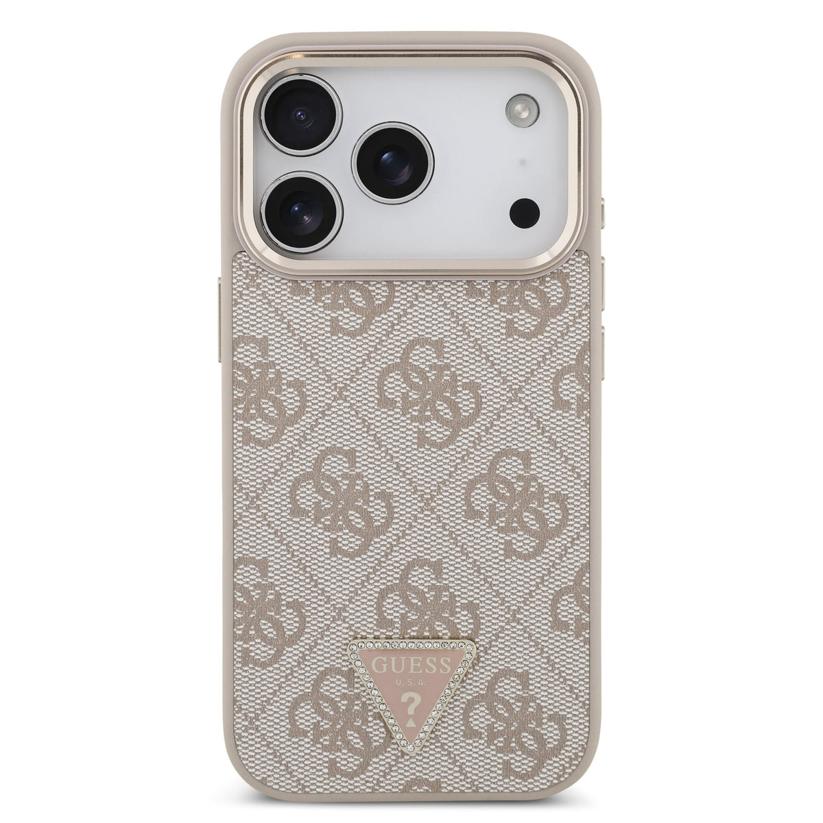Guess iPhone 17 Pro / iPhone 18 Pro - Σκληρή Θήκη με Πλαίσιο Σιλικόνης και Επένδυση Συνθετικού Δέρματος - PU Leather 4G Strass Triangle Logo Gold Frame MagSafe - Pink