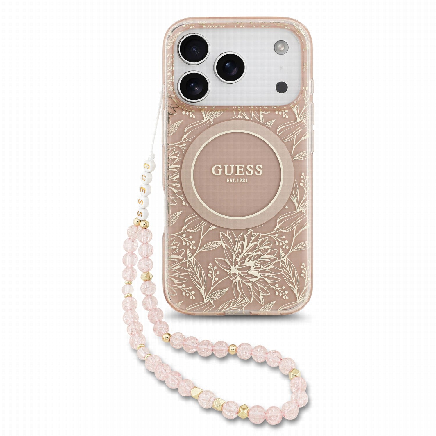 Guess iPhone 17 Pro / iPhone 18 Pro - Σκληρή Θήκη με Πλαίσιο Σιλικόνης και Λουράκι - IML Flowers Allover Strap MagSafe - Pink