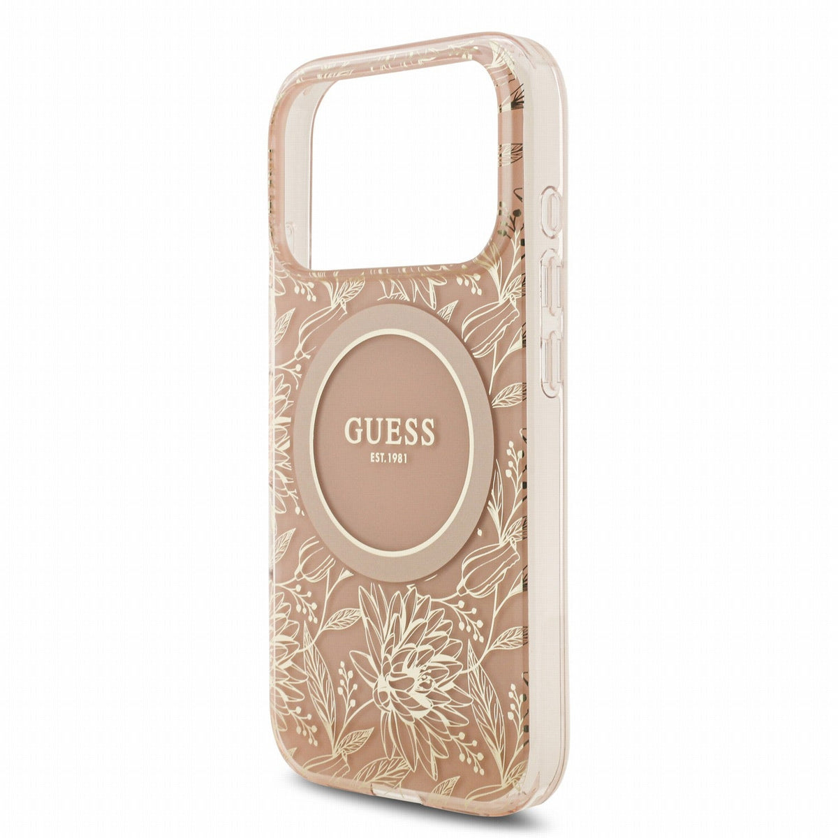 Guess iPhone 17 Pro / iPhone 18 Pro - Σκληρή Θήκη με Πλαίσιο Σιλικόνης και Λουράκι - IML Flowers Allover Strap MagSafe - Pink