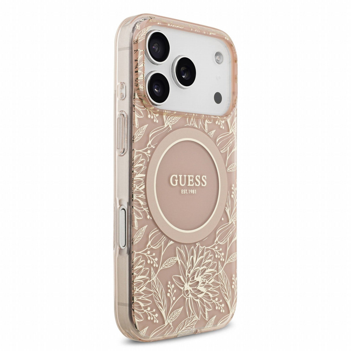 Guess iPhone 17 Pro / iPhone 18 Pro - Σκληρή Θήκη με Πλαίσιο Σιλικόνης και Λουράκι - IML Flowers Allover Strap MagSafe - Pink