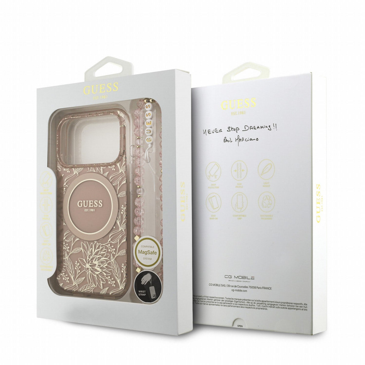 Guess iPhone 17 Pro / iPhone 18 Pro - Σκληρή Θήκη με Πλαίσιο Σιλικόνης και Λουράκι - IML Flowers Allover Strap MagSafe - Pink