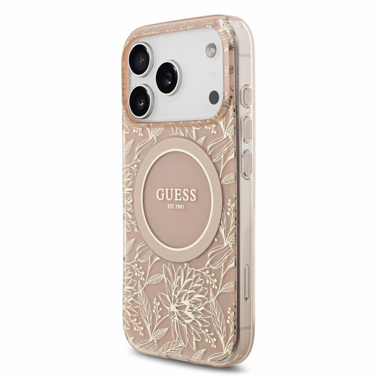 Guess iPhone 17 Pro / iPhone 18 Pro - Σκληρή Θήκη με Πλαίσιο Σιλικόνης και Λουράκι - IML Flowers Allover Strap MagSafe - Pink