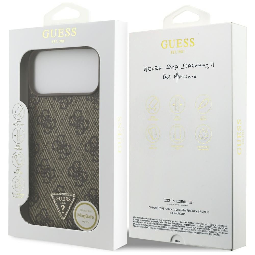 Guess iPhone 17 Pro Max / iPhone 18 Pro Max - Σκληρή Θήκη με Επένδυση Συνθετικού Δέρματος - 4G Triangle Strass MagSafe - Brown - GUHMP18XP4TDPW