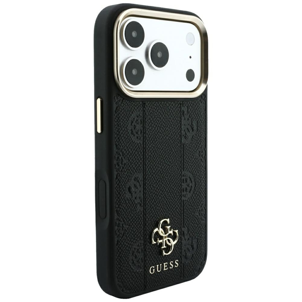 Guess iPhone 17 Pro Max / iPhone 18 Pro Max - Σκληρή Θήκη με Επένδυση Συνθετικού Δέρματος - Stripe Peony 4G Logo MagSafe - Black