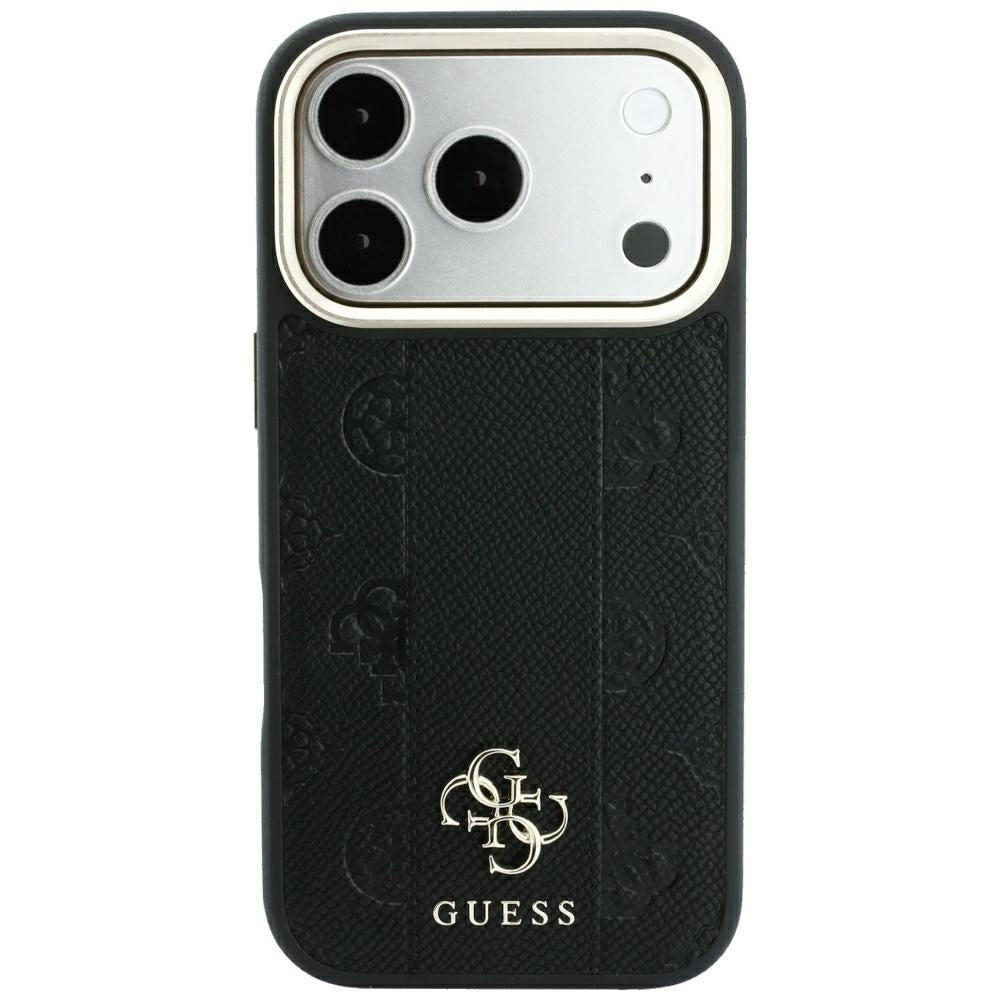 Guess iPhone 17 Pro Max / iPhone 18 Pro Max - Σκληρή Θήκη με Επένδυση Συνθετικού Δέρματος - Stripe Peony 4G Logo MagSafe - Black
