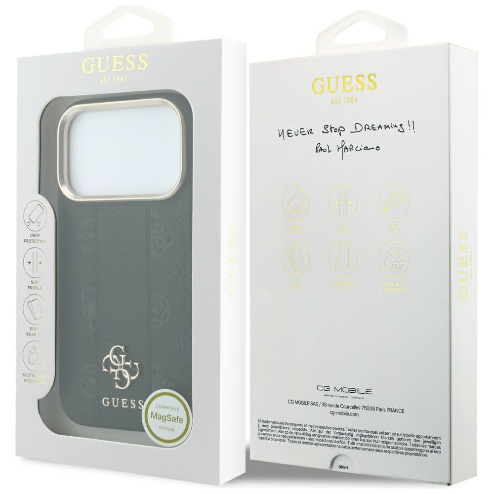 Guess iPhone 17 Pro Max / iPhone 18 Pro Max - Σκληρή Θήκη με Επένδυση Συνθετικού Δέρματος - Stripe Peony 4G Logo MagSafe - Black