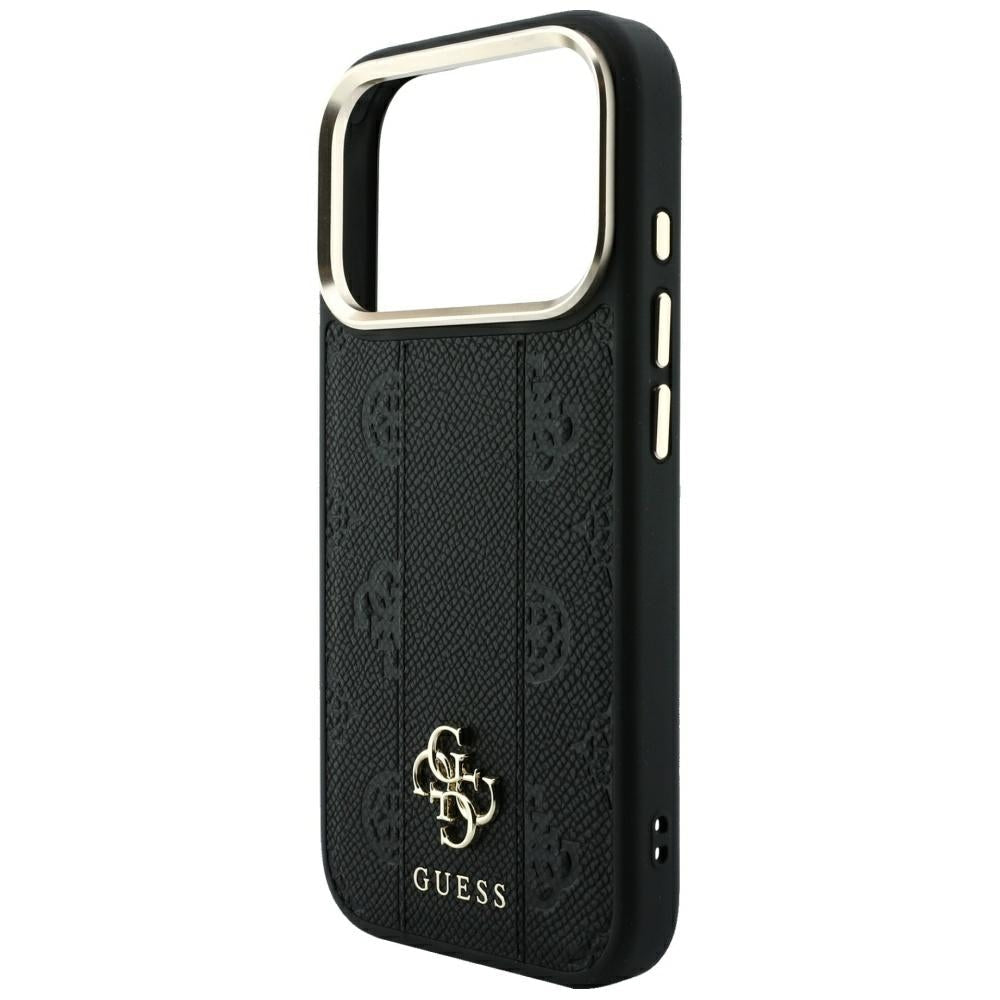 Guess iPhone 17 Pro Max / iPhone 18 Pro Max - Σκληρή Θήκη με Επένδυση Συνθετικού Δέρματος - Stripe Peony 4G Logo MagSafe - Black