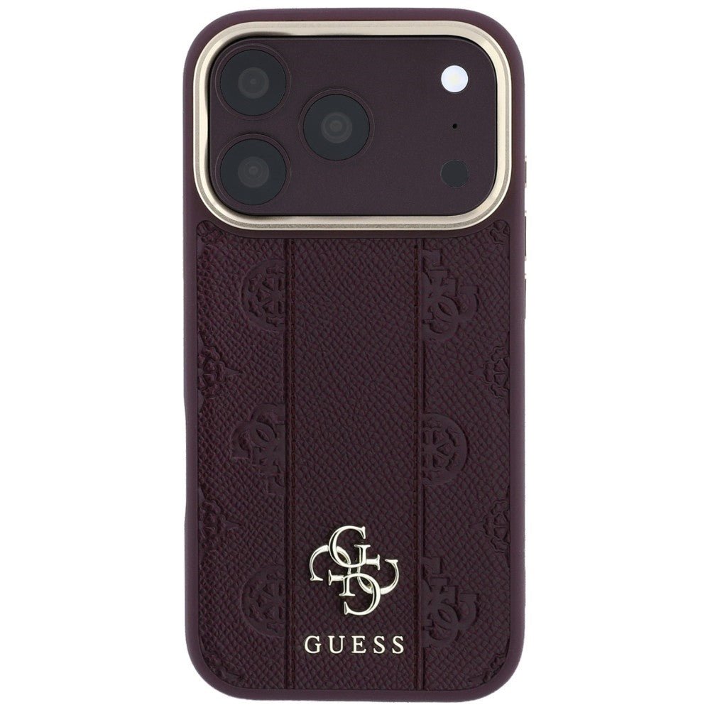 Guess iPhone 17 Pro Max / iPhone 18 Pro Max - Σκληρή Θήκη με Επένδυση Συνθετικού Δέρματος - Stripe Peony 4G Logo MagSafe - Burgundy