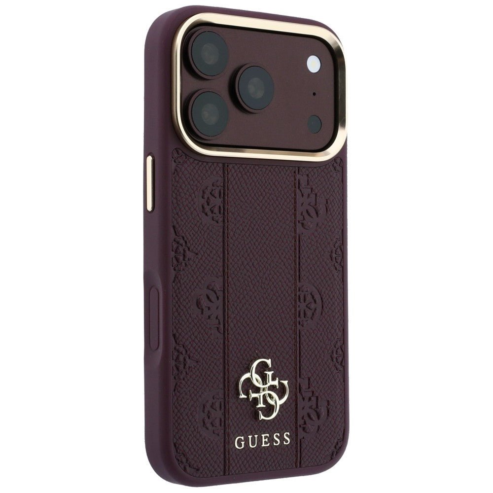 Guess iPhone 17 Pro Max / iPhone 18 Pro Max - Σκληρή Θήκη με Επένδυση Συνθετικού Δέρματος - Stripe Peony 4G Logo MagSafe - Burgundy