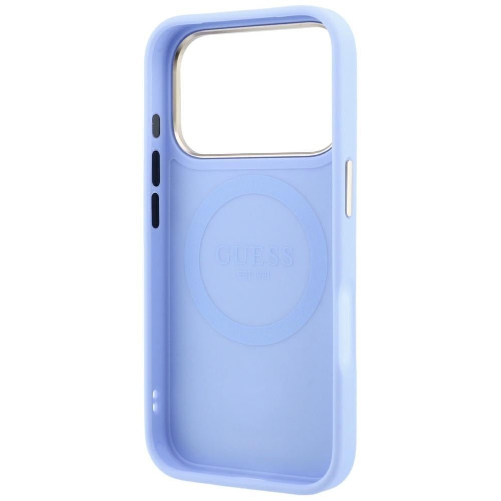 Guess iPhone 17 Pro Max / iPhone 18 Pro Max - Σκληρή Θήκη με Επένδυση Συνθετικού Δέρματος - Stripe Peony 4G Logo MagSafe - Light Blue