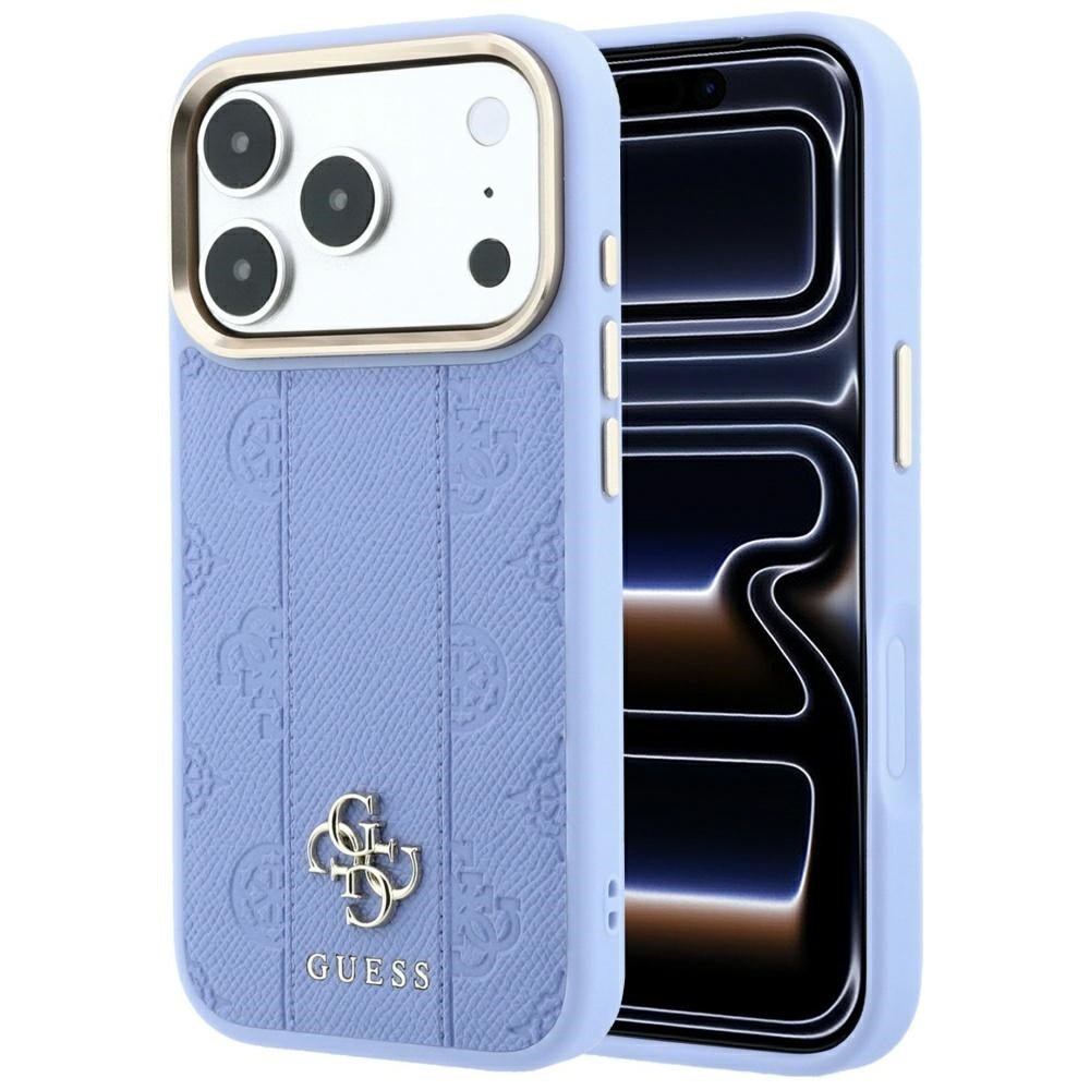Guess iPhone 17 Pro Max / iPhone 18 Pro Max - Σκληρή Θήκη με Επένδυση Συνθετικού Δέρματος - Stripe Peony 4G Logo MagSafe - Light Blue