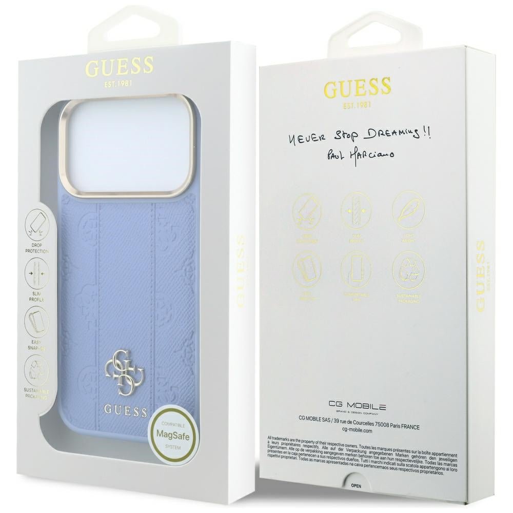 Guess iPhone 17 Pro Max / iPhone 18 Pro Max - Σκληρή Θήκη με Επένδυση Συνθετικού Δέρματος - Stripe Peony 4G Logo MagSafe - Light Blue